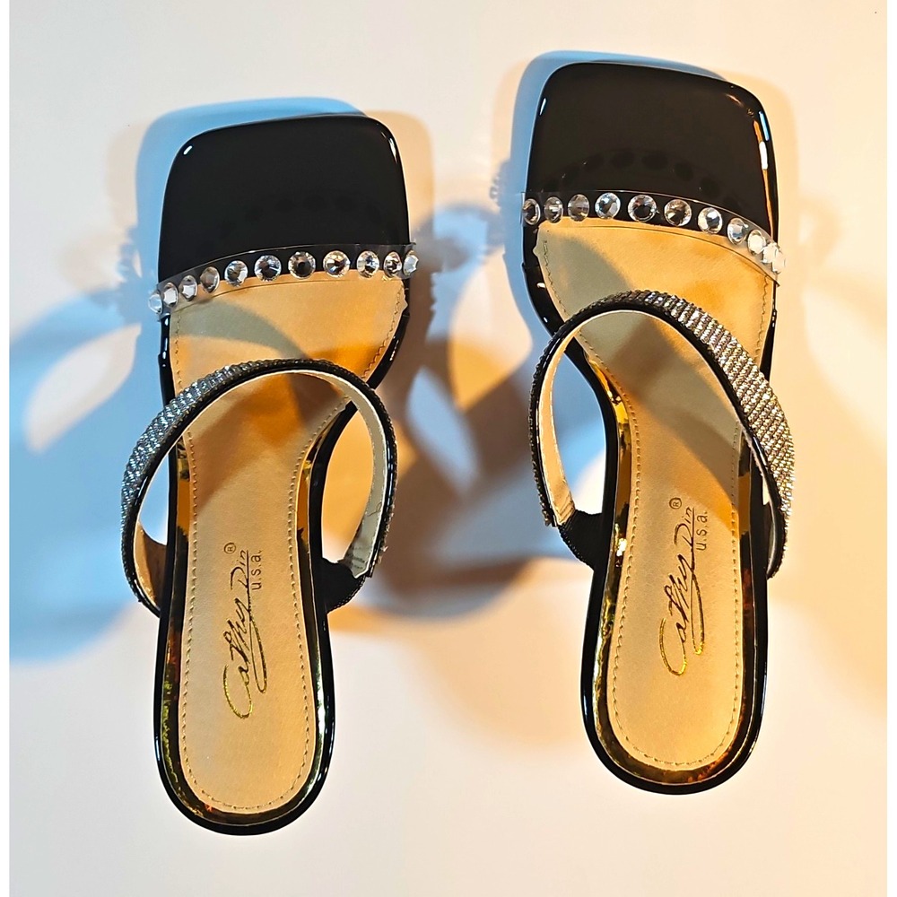 Cathy Din Black Synthetic Rhinestone Strappy Square Toe Slip On Mule Heel 5.5